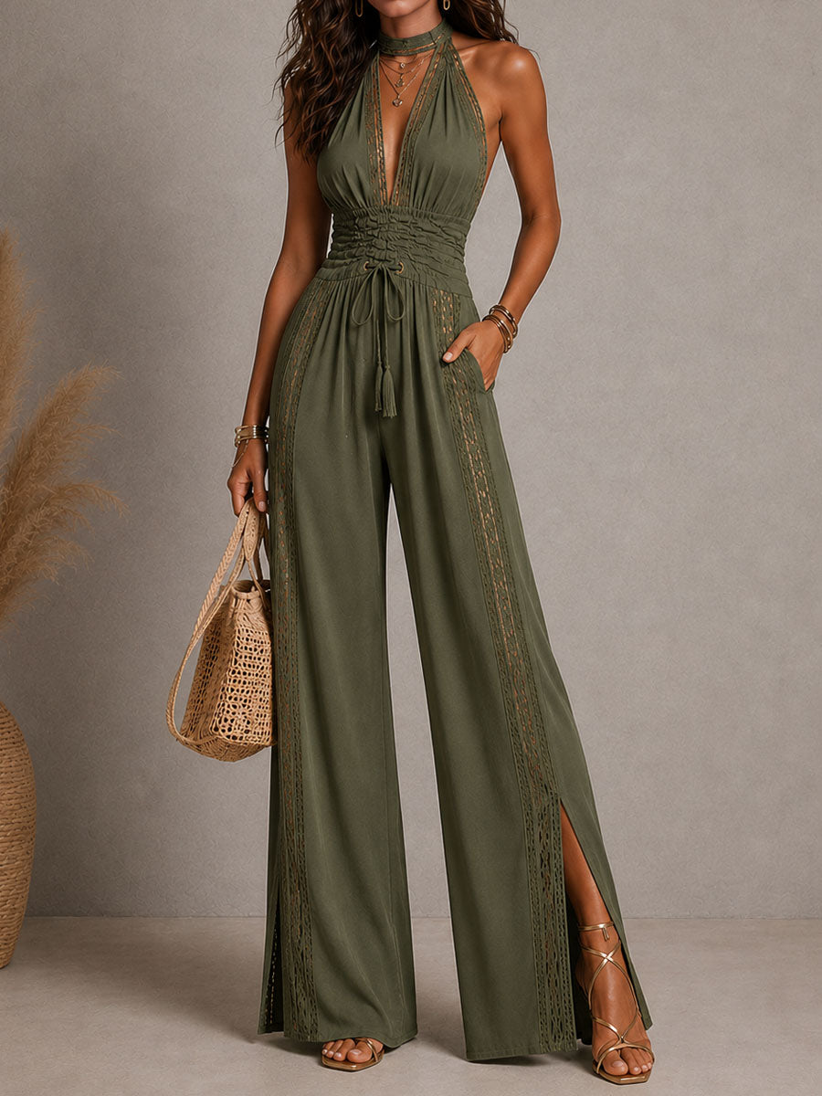 Combinaison une pièce style bohème-élégant, avec empiècement en dentelle, taille froncée et jambes larges