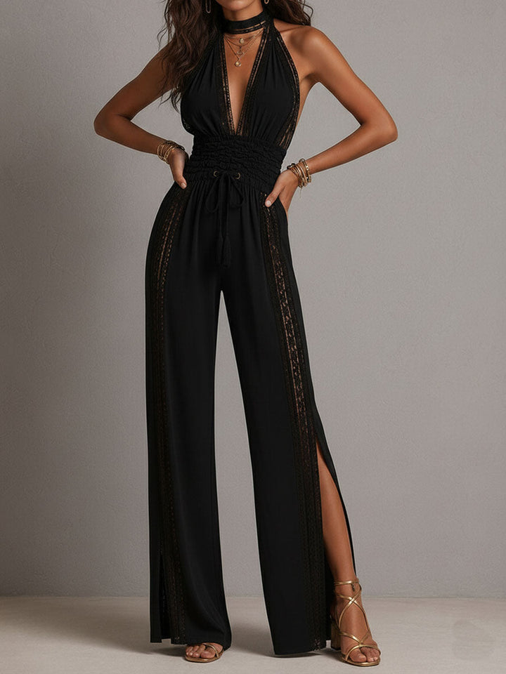 Combinaison une pièce style bohème-élégant, avec empiècement en dentelle, taille froncée et jambes larges