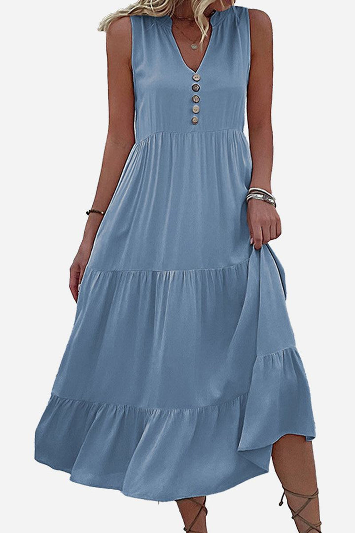 Bohemian Tiered Midi Dress with V-Neck Button Detail