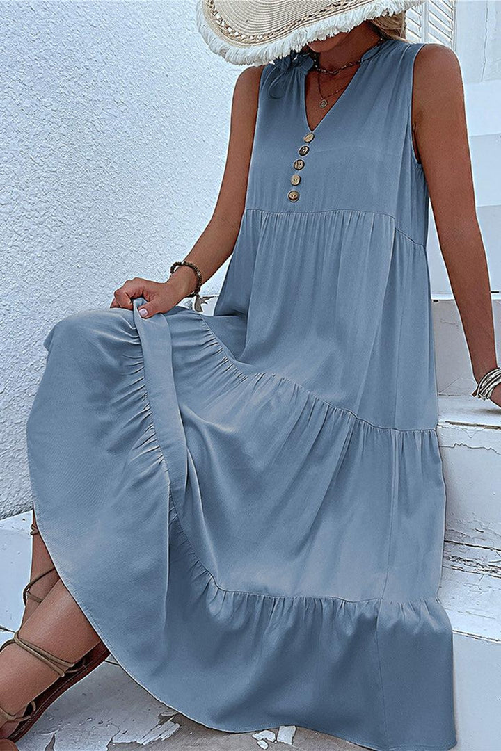 Bohemian Tiered Midi Dress with V-Neck Button Detail