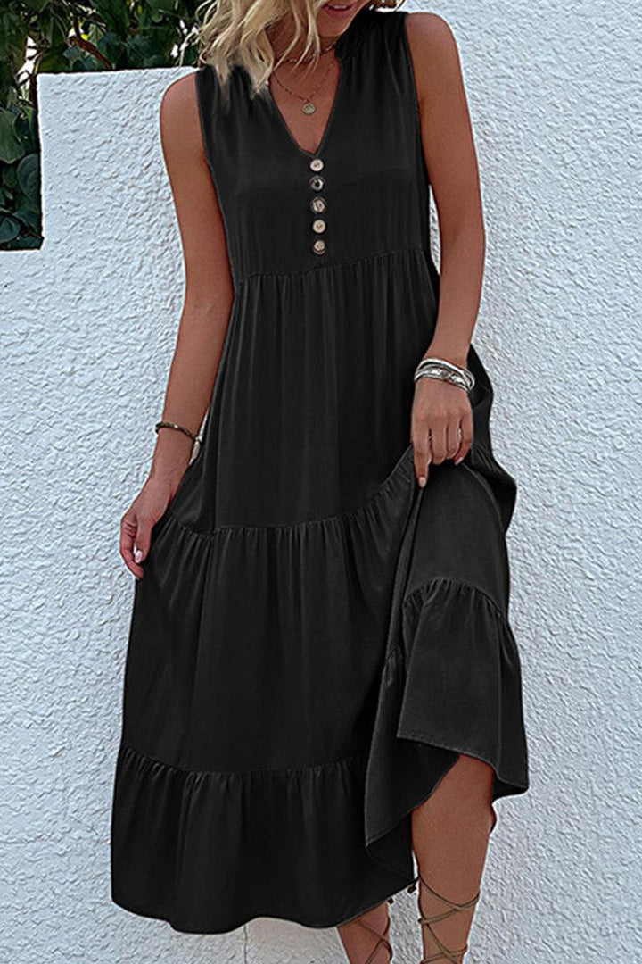 Bohemian Tiered Midi Dress with V-Neck Button Detail
