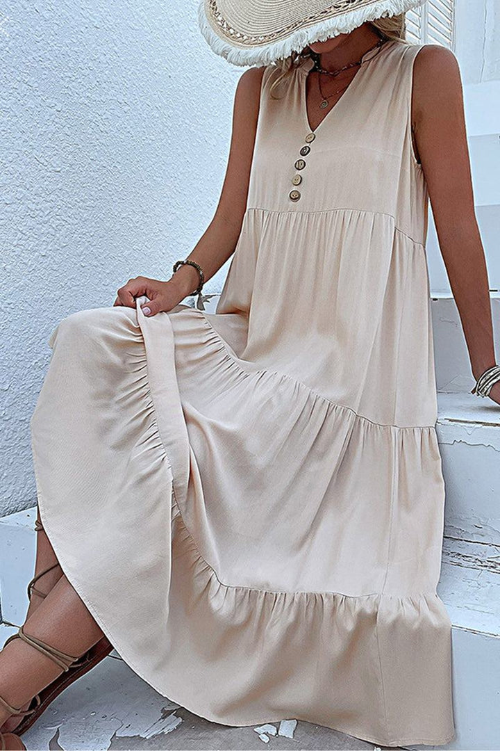 Bohemian Tiered Midi Dress with V-Neck Button Detail