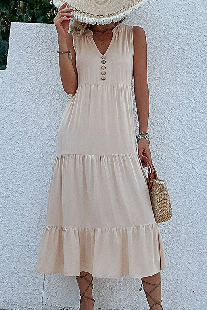 Bohemian Tiered Midi Dress with V-Neck Button Detail