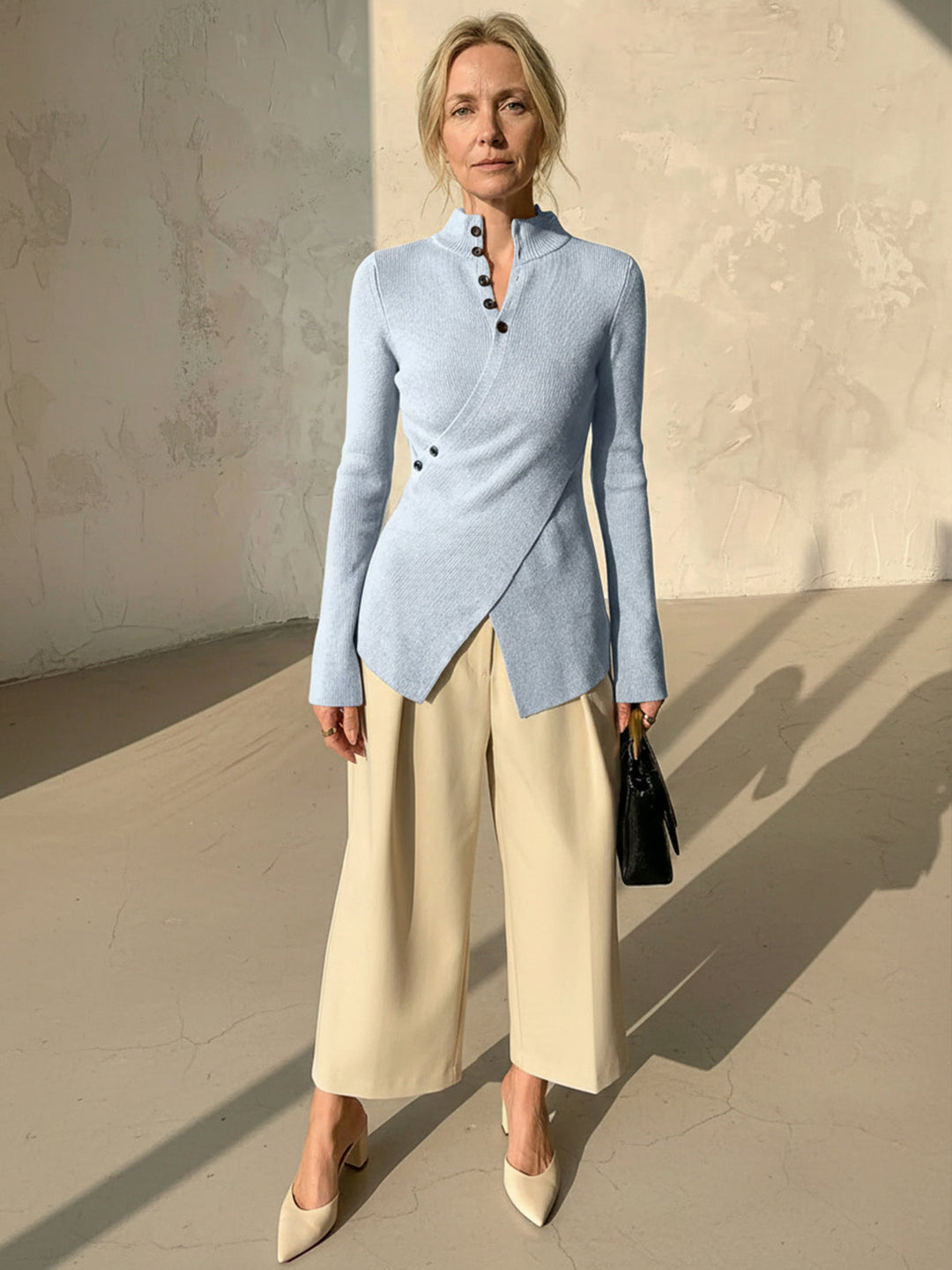 Asymmetric Wrap Ribbed Knit Top