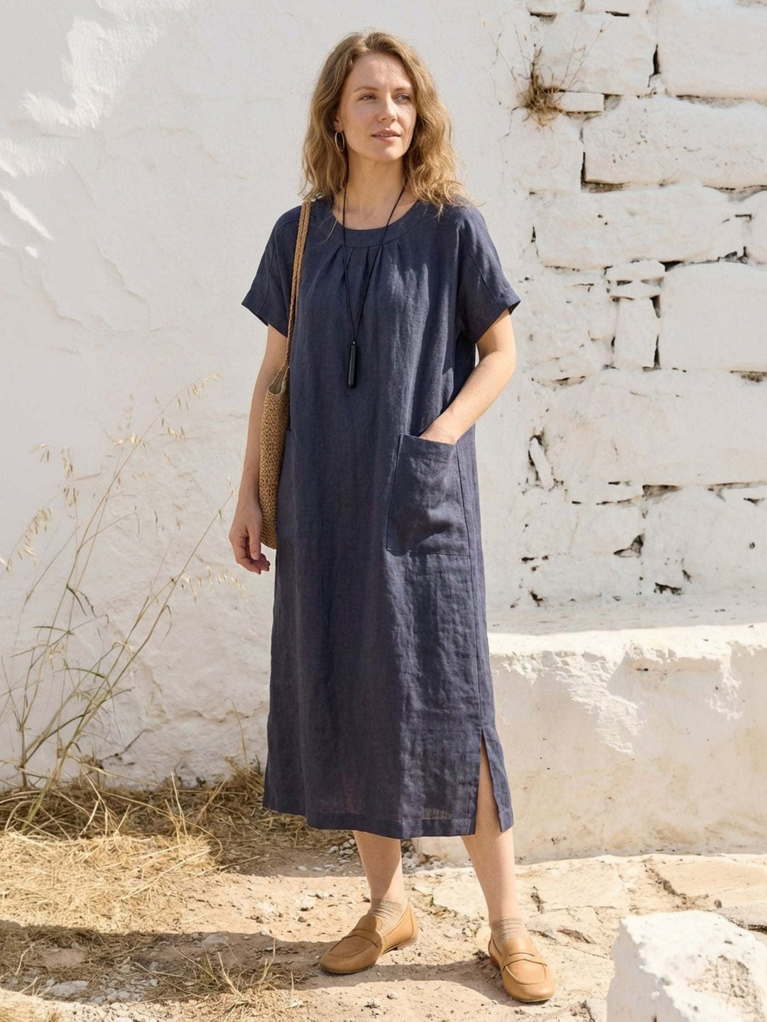 100% Linen Pocket Midi Dress