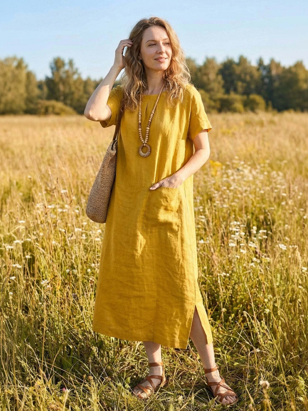 100% Linen Pocket Midi Dress