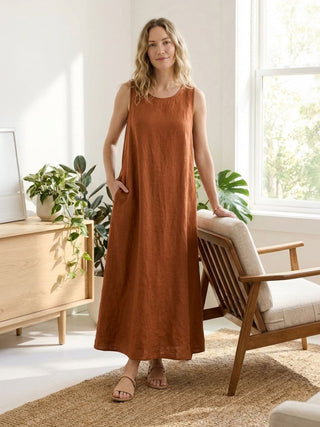 100% Cotton Linen Sleeveless Maxi Dress