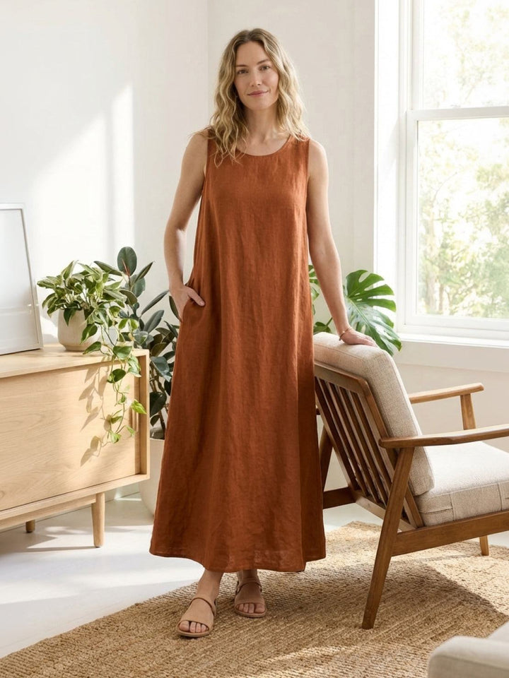 100% Cotton Linen Sleeveless Maxi Dress