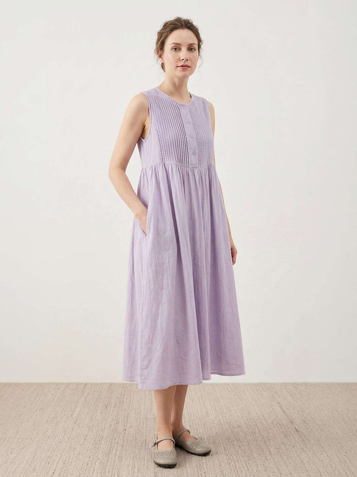100% Cotton Linen Pleated Midi Dress