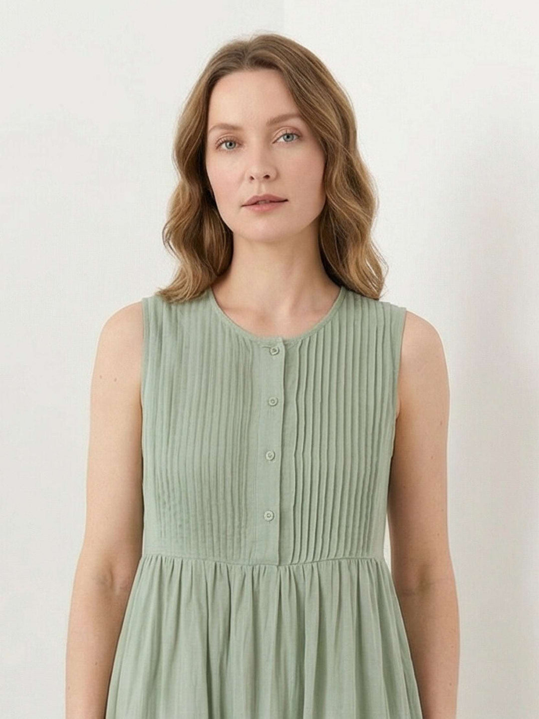100% Cotton Linen Pleated Midi Dress