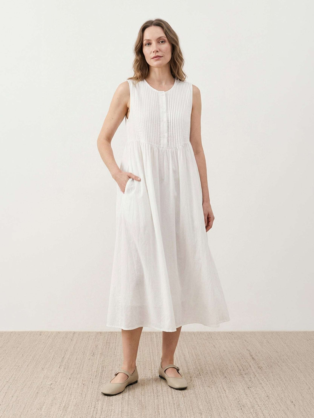 100% Cotton Linen Pleated Midi Dress
