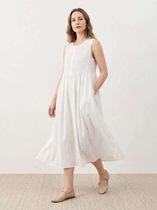 100% Cotton Linen Pleated Midi Dress