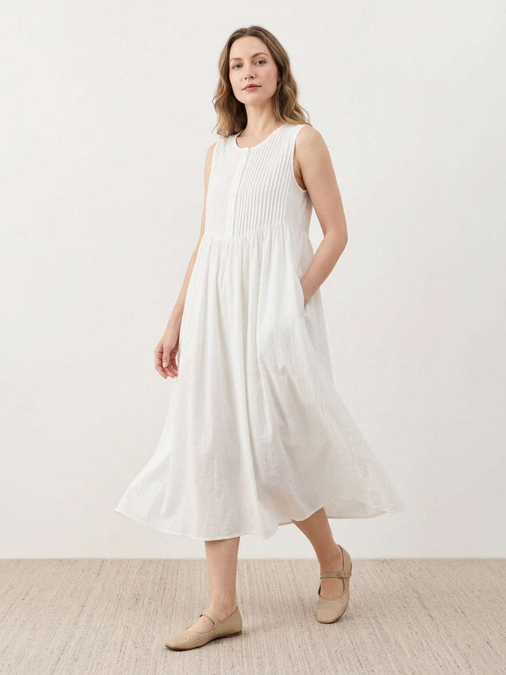100% Cotton Linen Pleated Midi Dress