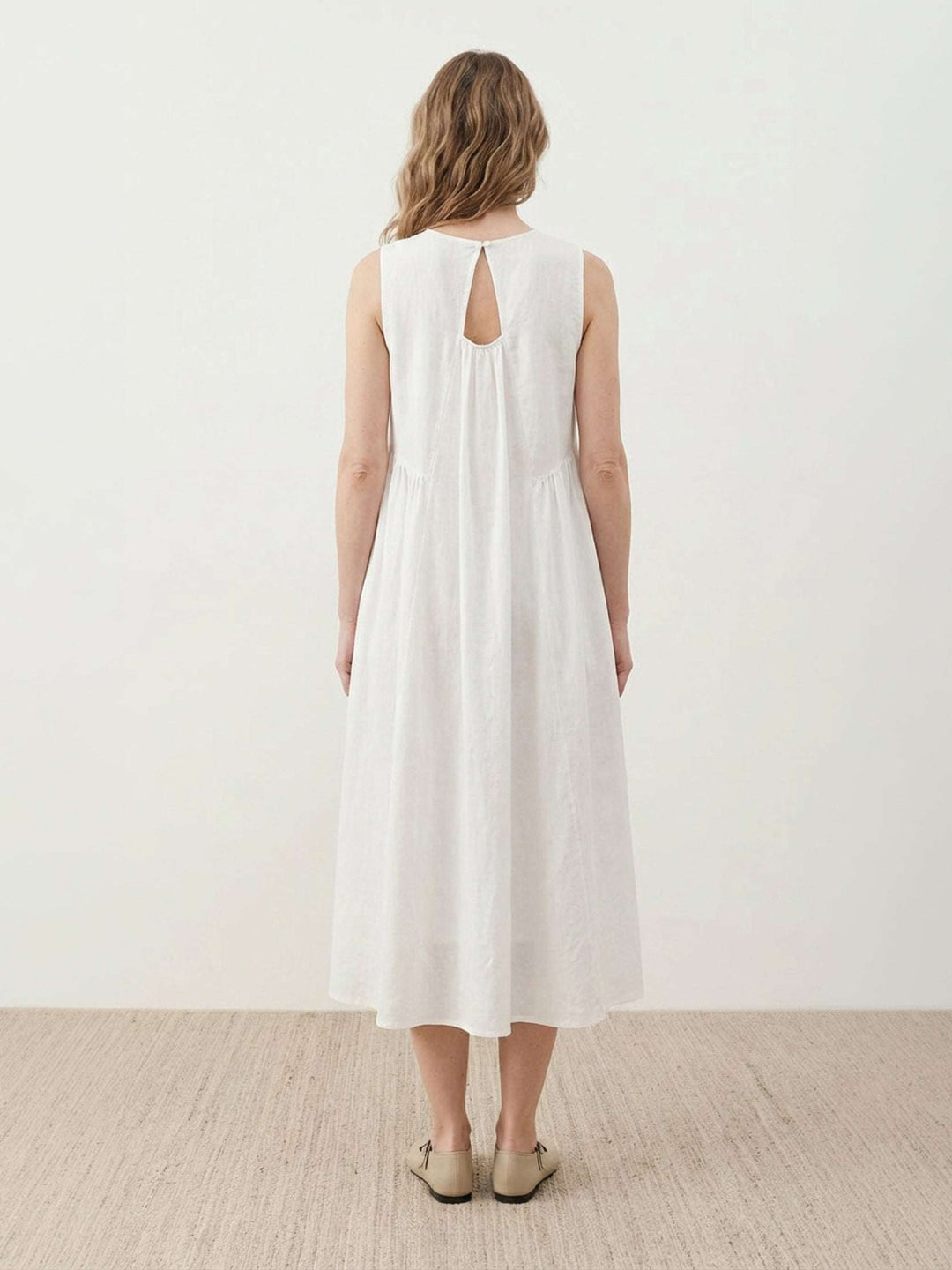 100% Cotton Linen Pleated Midi Dress