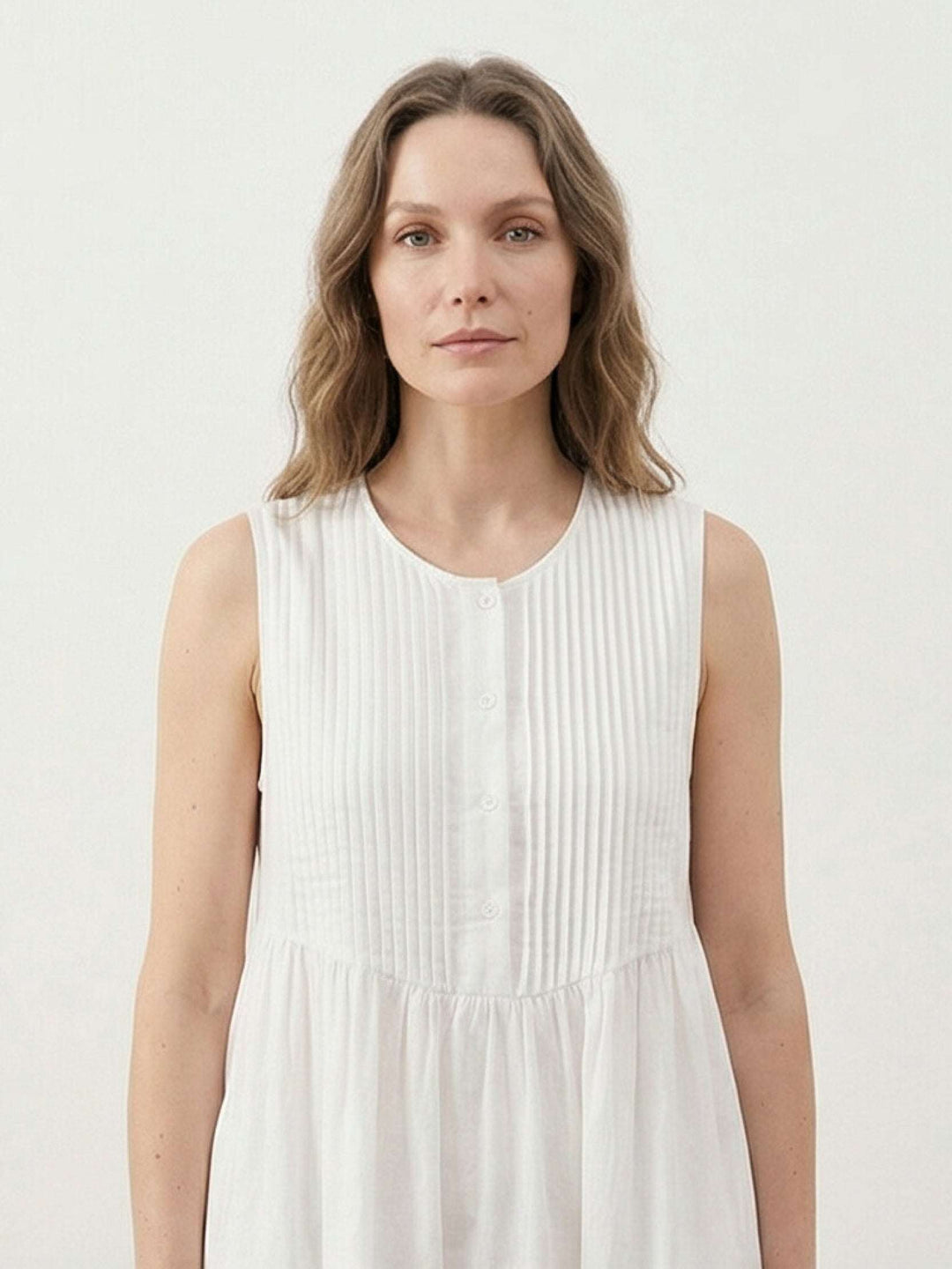 100% Cotton Linen Pleated Midi Dress