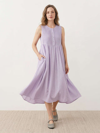 100% Cotton Linen Pleated Midi Dress
