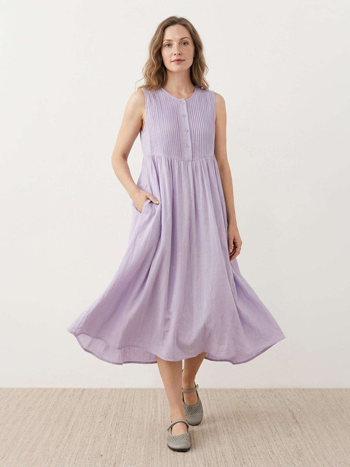100% Cotton Linen Pleated Midi Dress