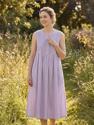 100% Cotton Linen Pleated Midi Dress