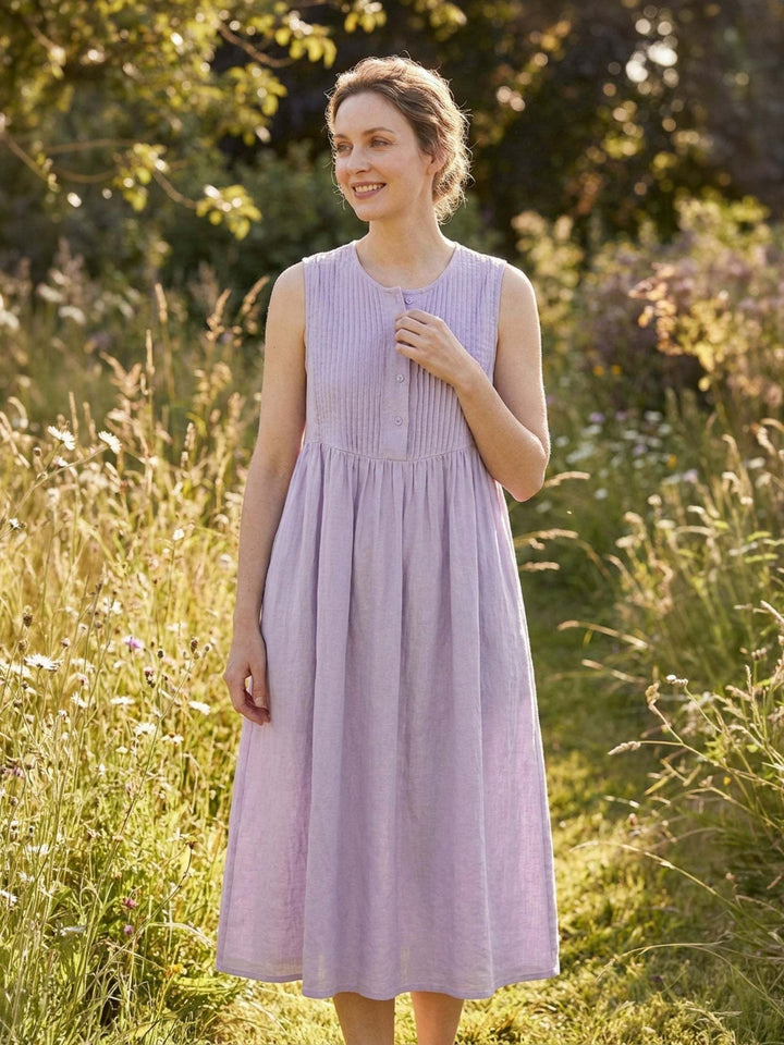 100% Cotton Linen Pleated Midi Dress