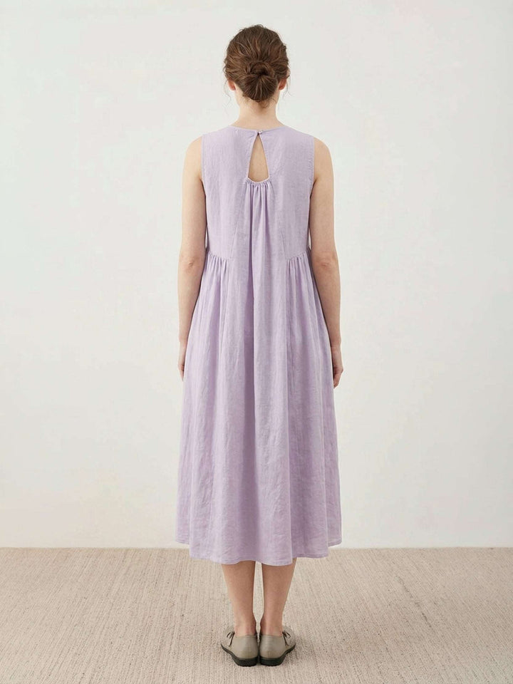100% Cotton Linen Pleated Midi Dress