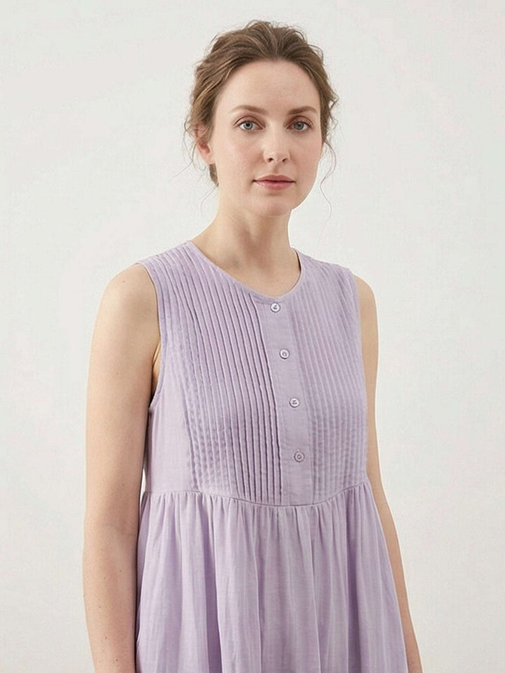 100% Cotton Linen Pleated Midi Dress