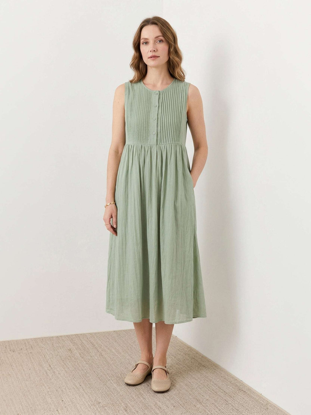100% Cotton Linen Pleated Midi Dress