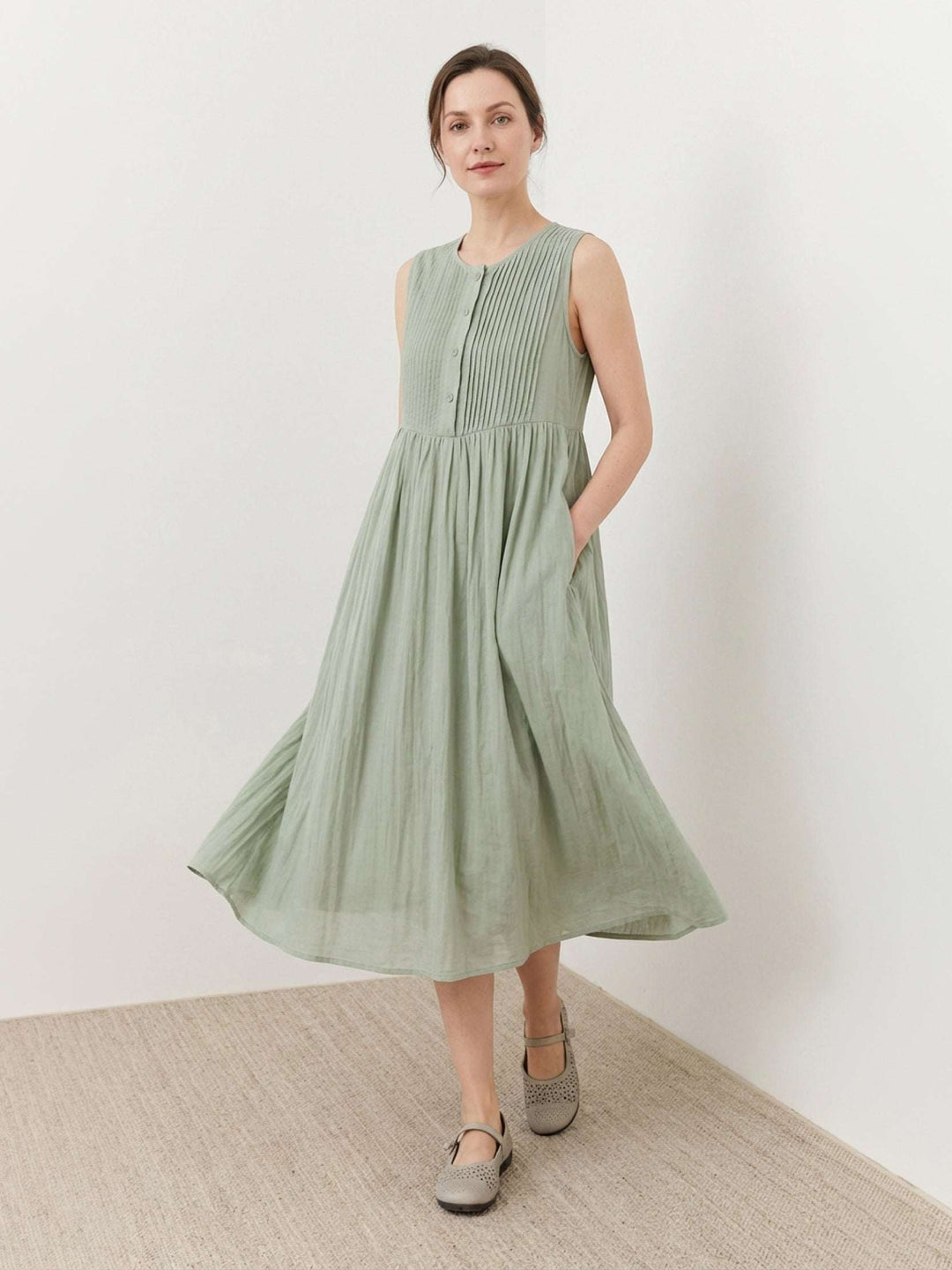 100% Cotton Linen Pleated Midi Dress