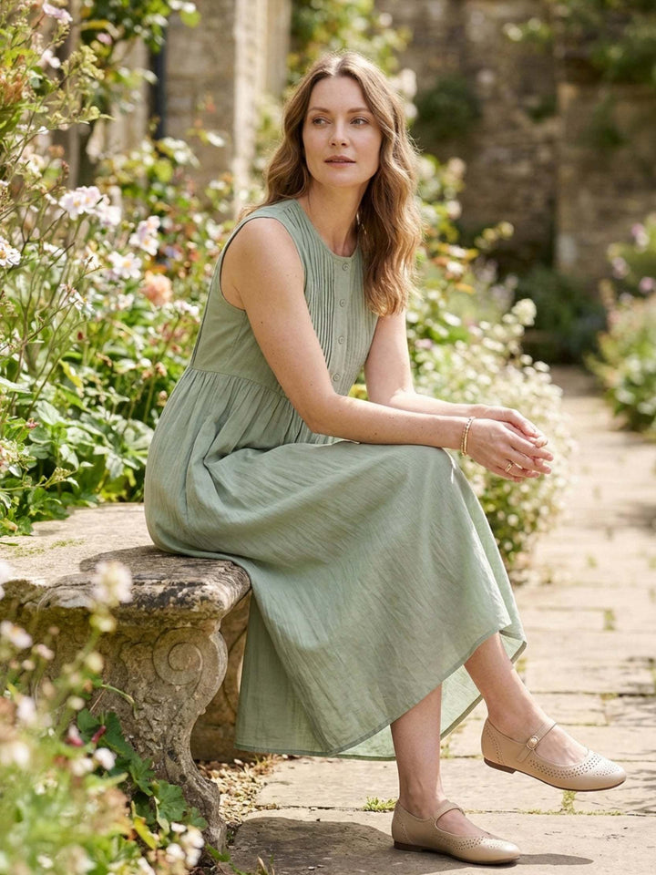100% Cotton Linen Pleated Midi Dress