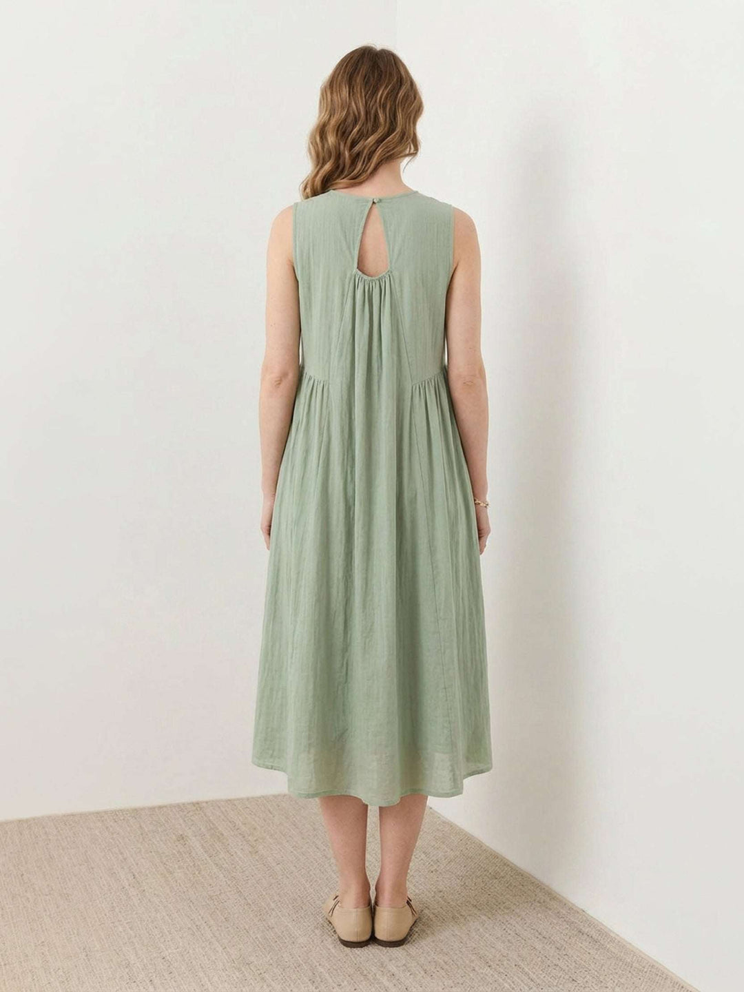 100% Cotton Linen Pleated Midi Dress