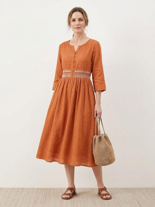 Robe midi brodée 100 % coton-lin