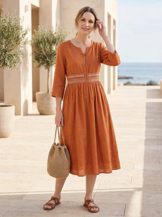 Robe midi brodée 100 % coton-lin