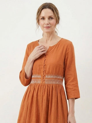 Robe midi brodée 100 % coton-lin