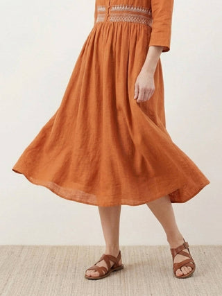 Robe midi brodée 100 % coton-lin