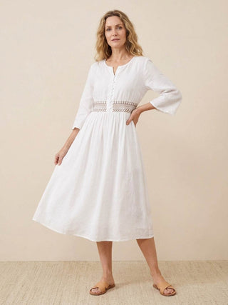 Robe midi brodée 100 % coton-lin
