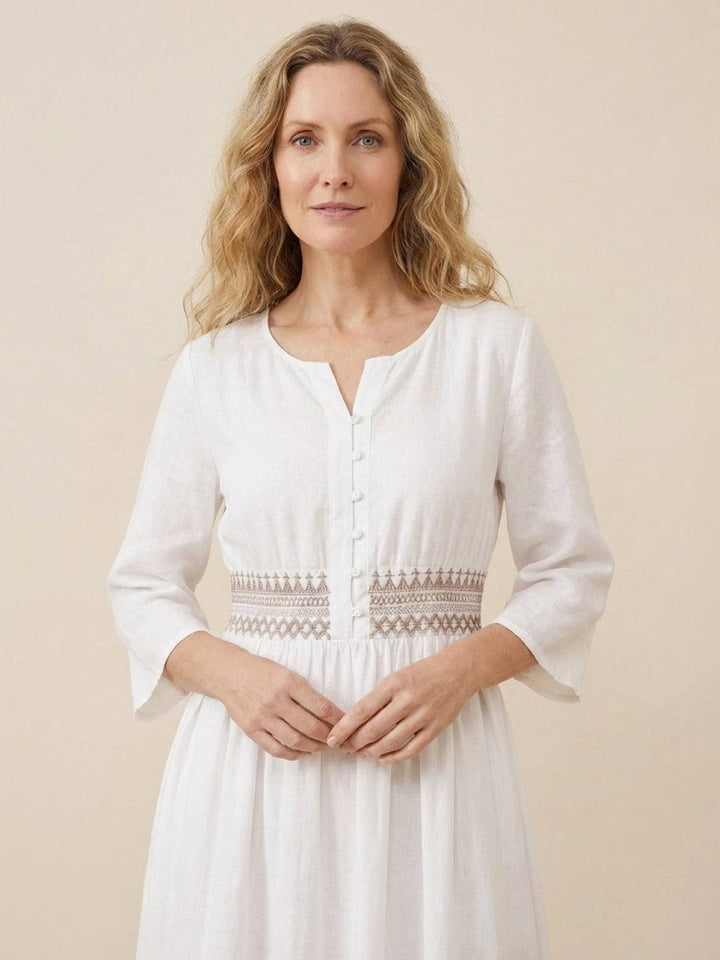 Robe midi brodée 100 % coton-lin