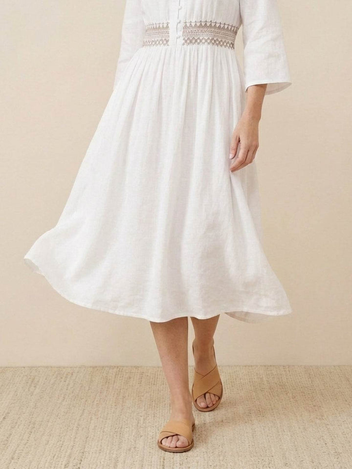 Robe midi brodée 100 % coton-lin