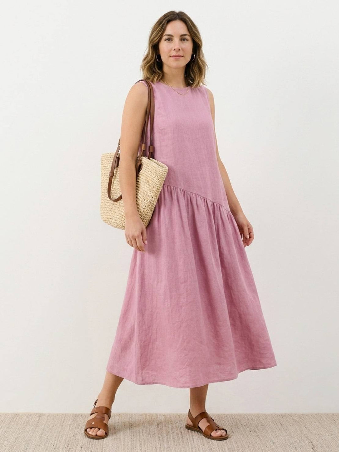 100% Cotton-Linen Summer Midi Dress