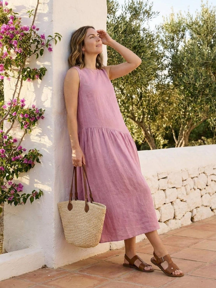 100% Cotton-Linen Summer Midi Dress