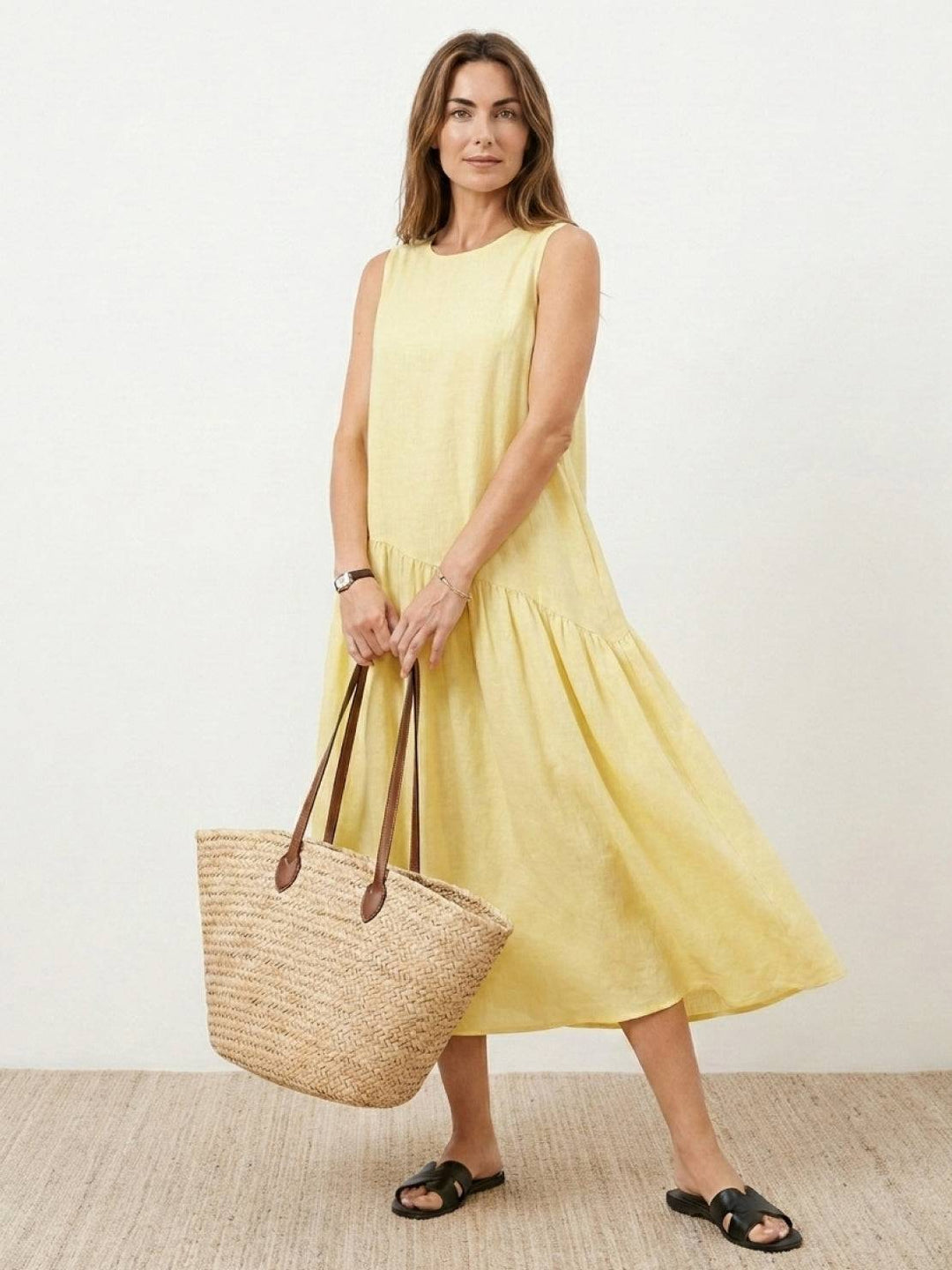 100% Cotton-Linen Summer Midi Dress