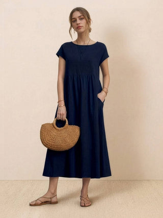 Capped-sleeve, Voluminous Pleated Midi Dress
