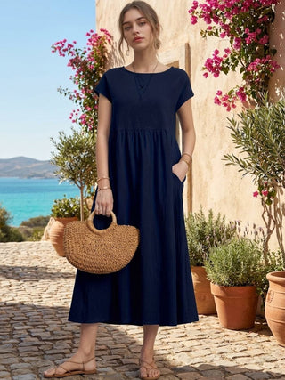 Capped-sleeve, Voluminous Pleated Midi Dress