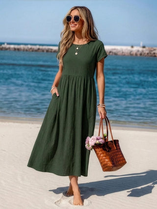 Capped-sleeve, Voluminous Pleated Midi Dress