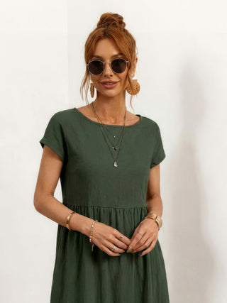Capped-sleeve, Voluminous Pleated Midi Dress