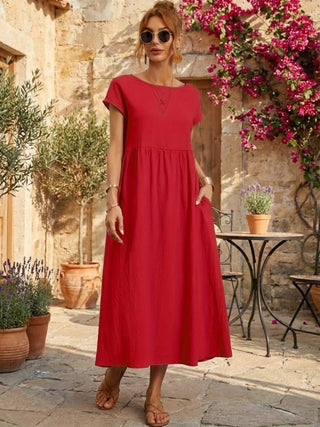Capped-sleeve, Voluminous Pleated Midi Dress