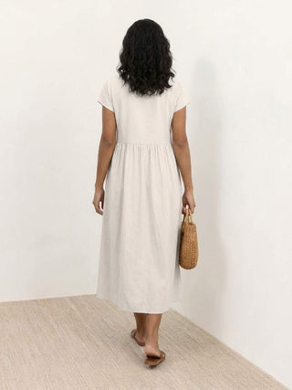 Capped-sleeve, Voluminous Pleated Midi Dress