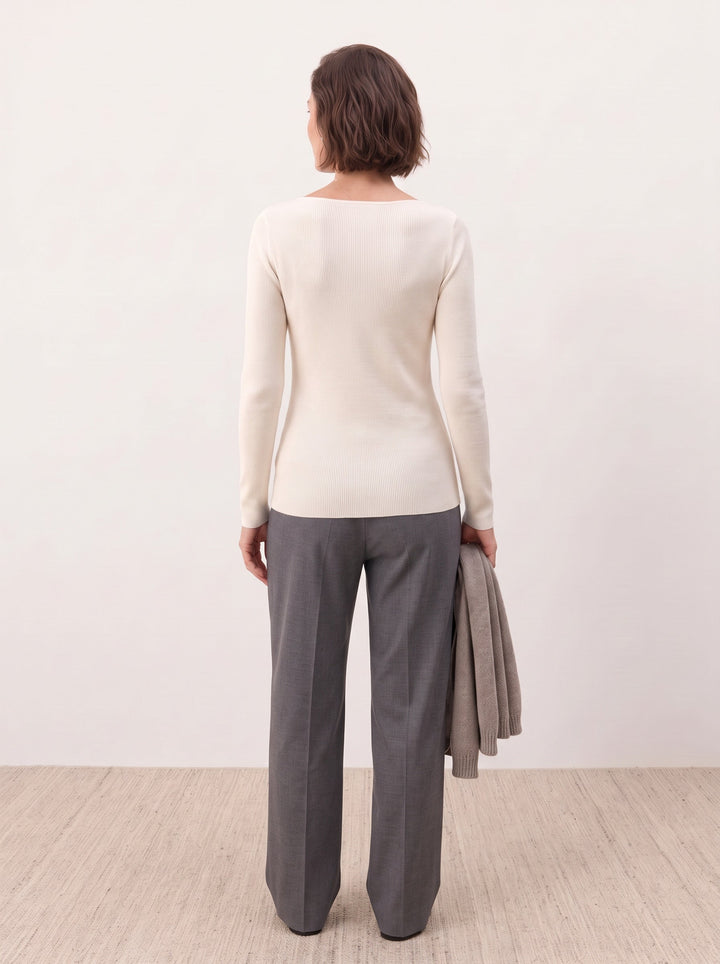 Seamless Merino Wool &amp; Silk Boat-Neck Knit Top