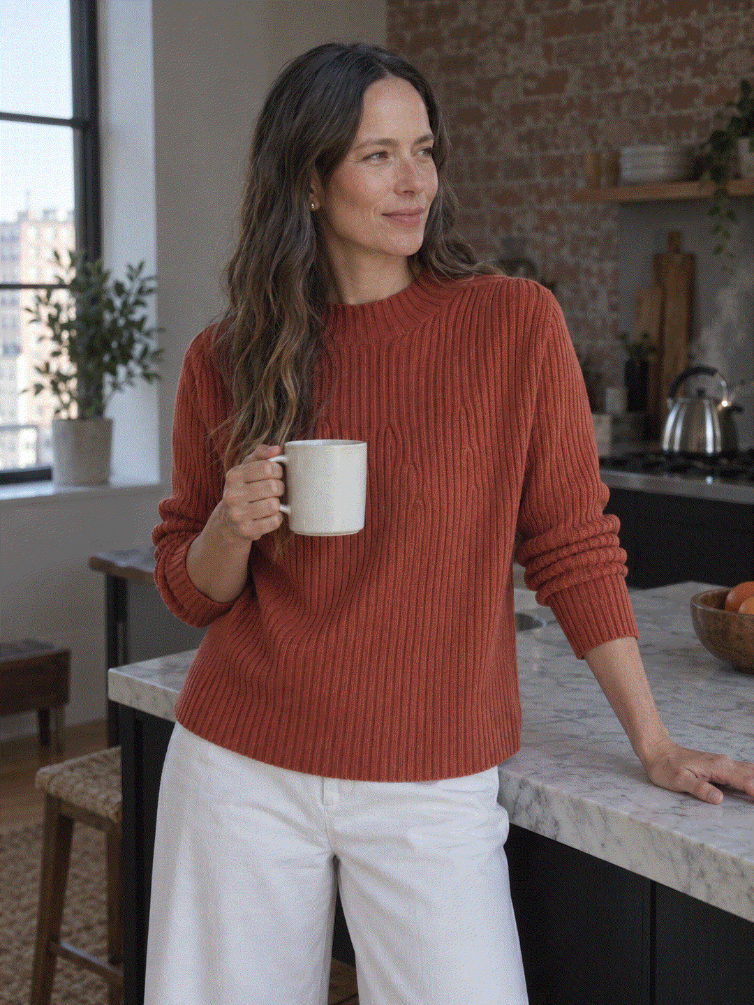 Pure Cotton Ribbed Mock-Neck Sweater