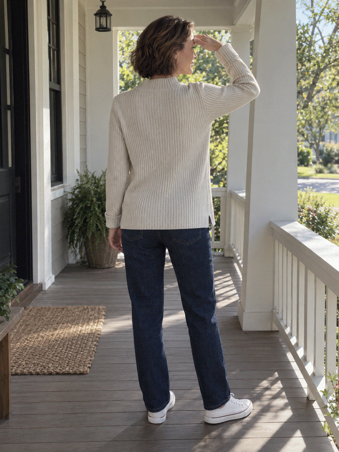 Pure Cotton Ribbed Mock-Neck Sweater