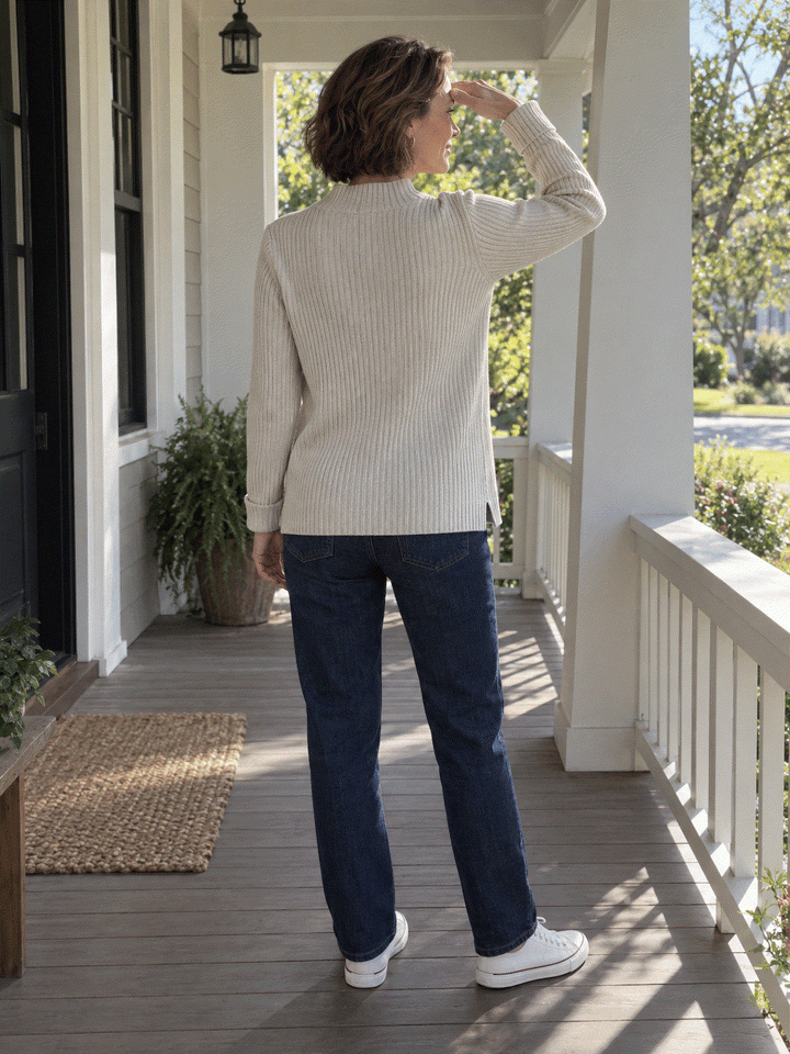 Pure Cotton Ribbed Mock-Neck Sweater